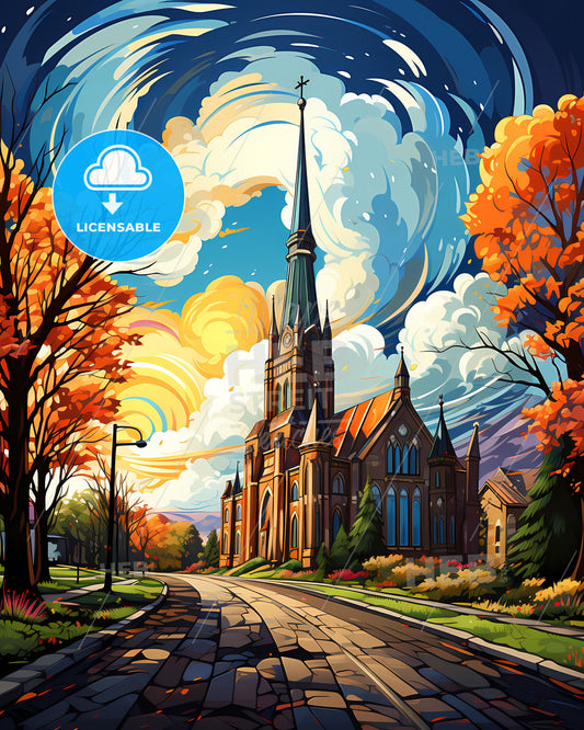 Vibrant Art Painting of Surabaya Indonesia Skyline with Church Steeple, Trees, and Road