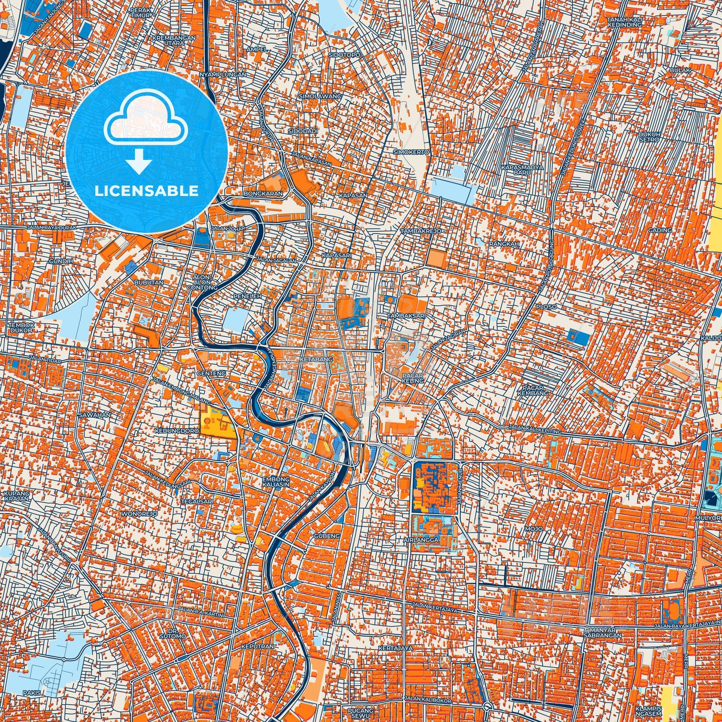 Colorful Surabaya Street Map with Labels and Buildings