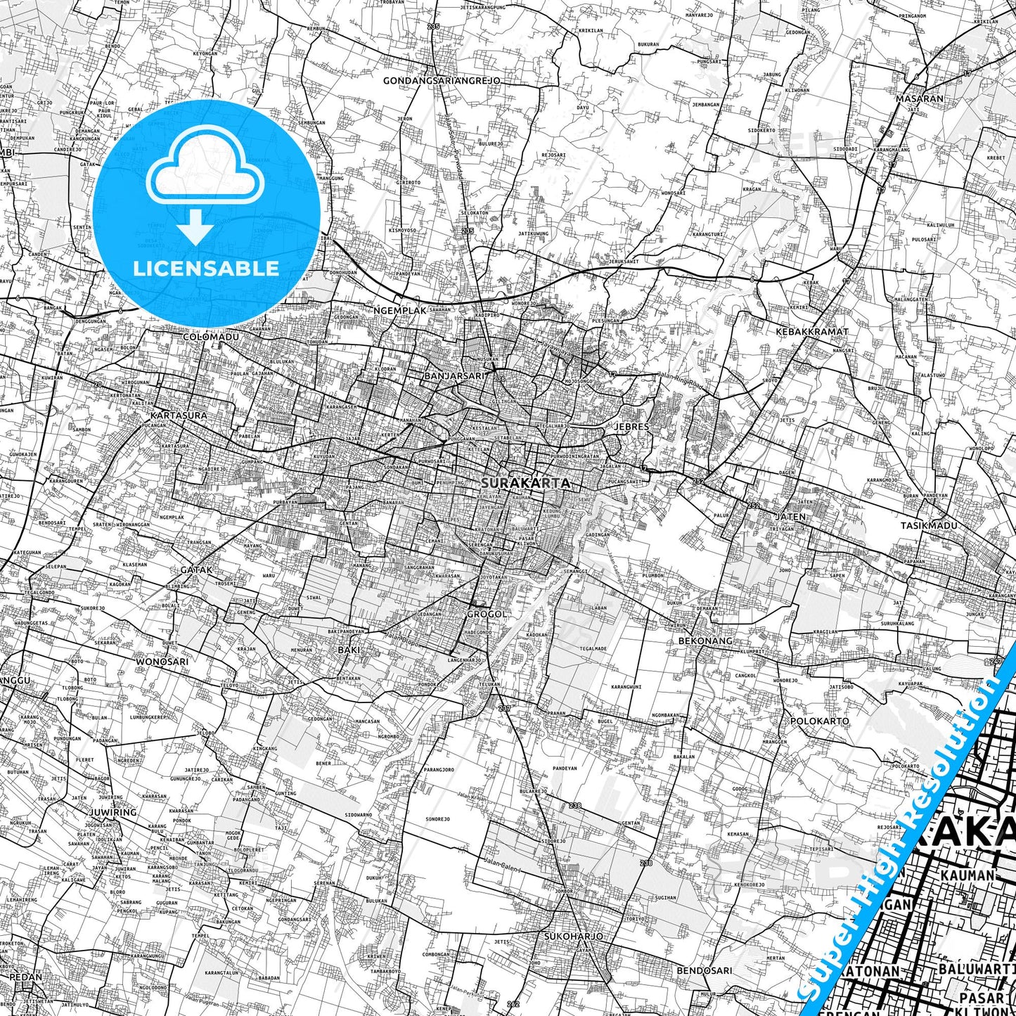 Surakarta, Indonesia light map with streetnames, citynames and districts