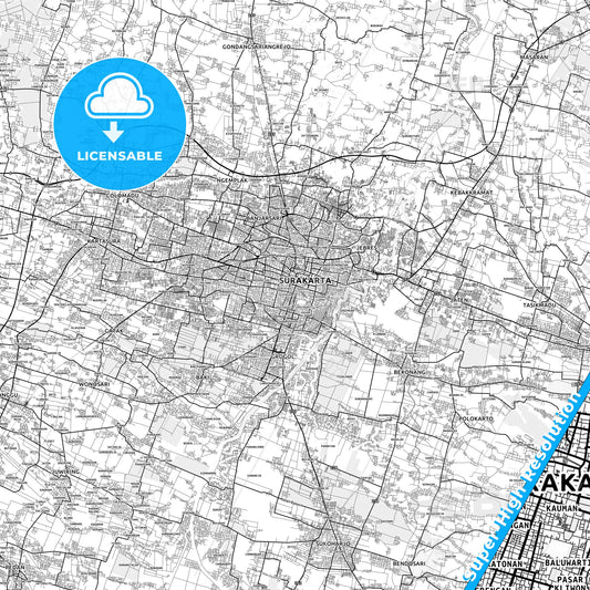 Surakarta, Indonesia light map with streetnames, citynames and districts