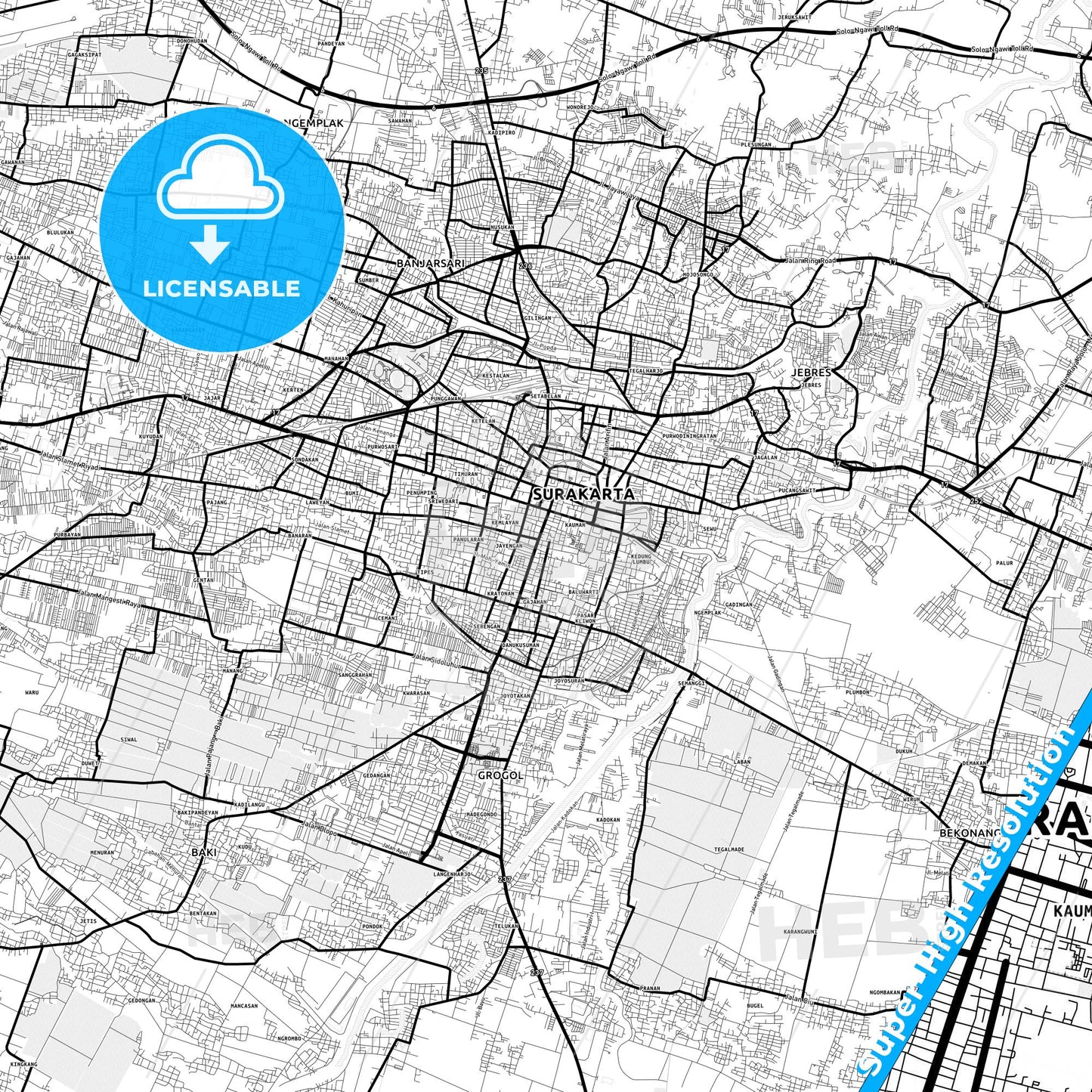 Surakarta, Indonesia Light Map with Street Names, City Names, and Districts