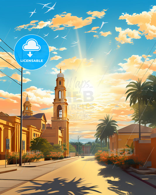 Panoramic Street View of Surakarta Indonesia Skyline with Vibrant Art, Palm Trees, and Church Tower