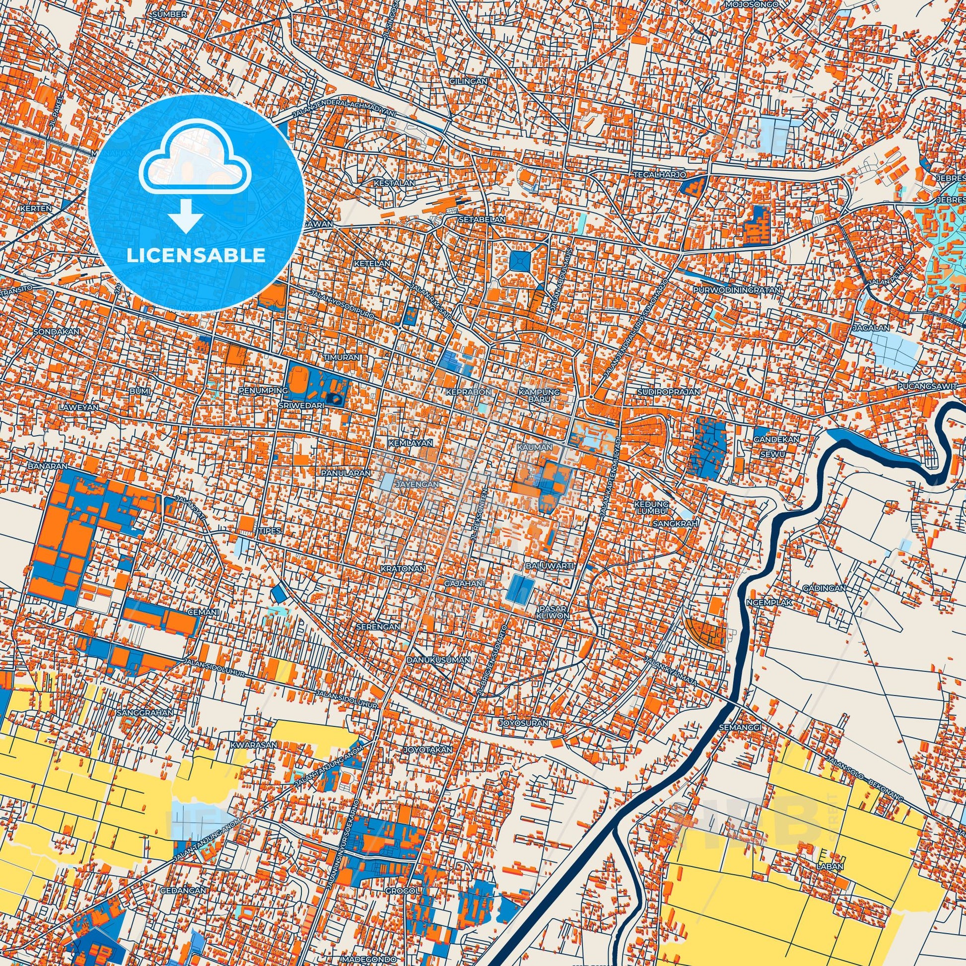 Colorful Surakarta Street Map with Labels and Buildings
