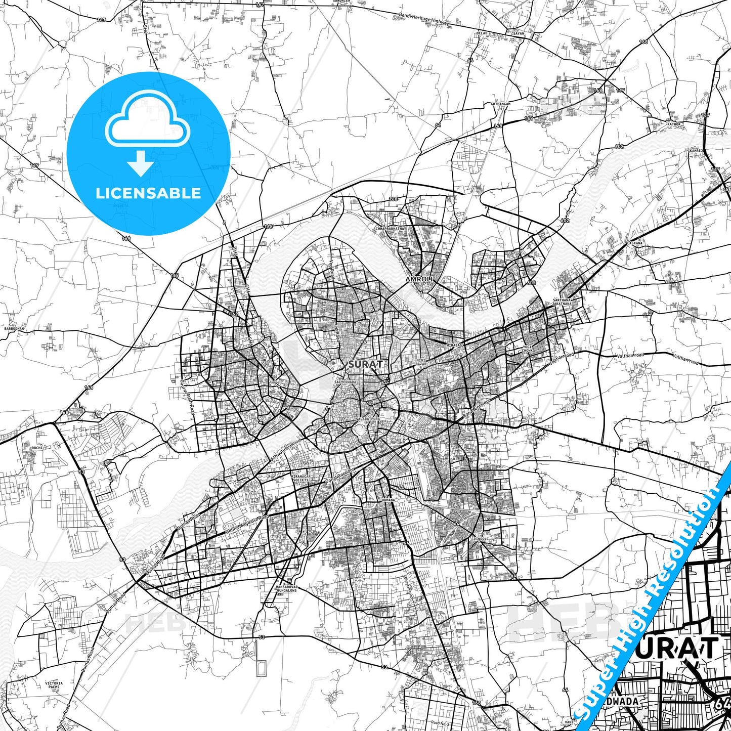 Surat, India light map with streetnames, citynames and districts