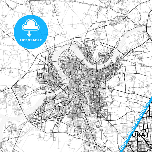 Surat, India light map with streetnames, citynames and districts