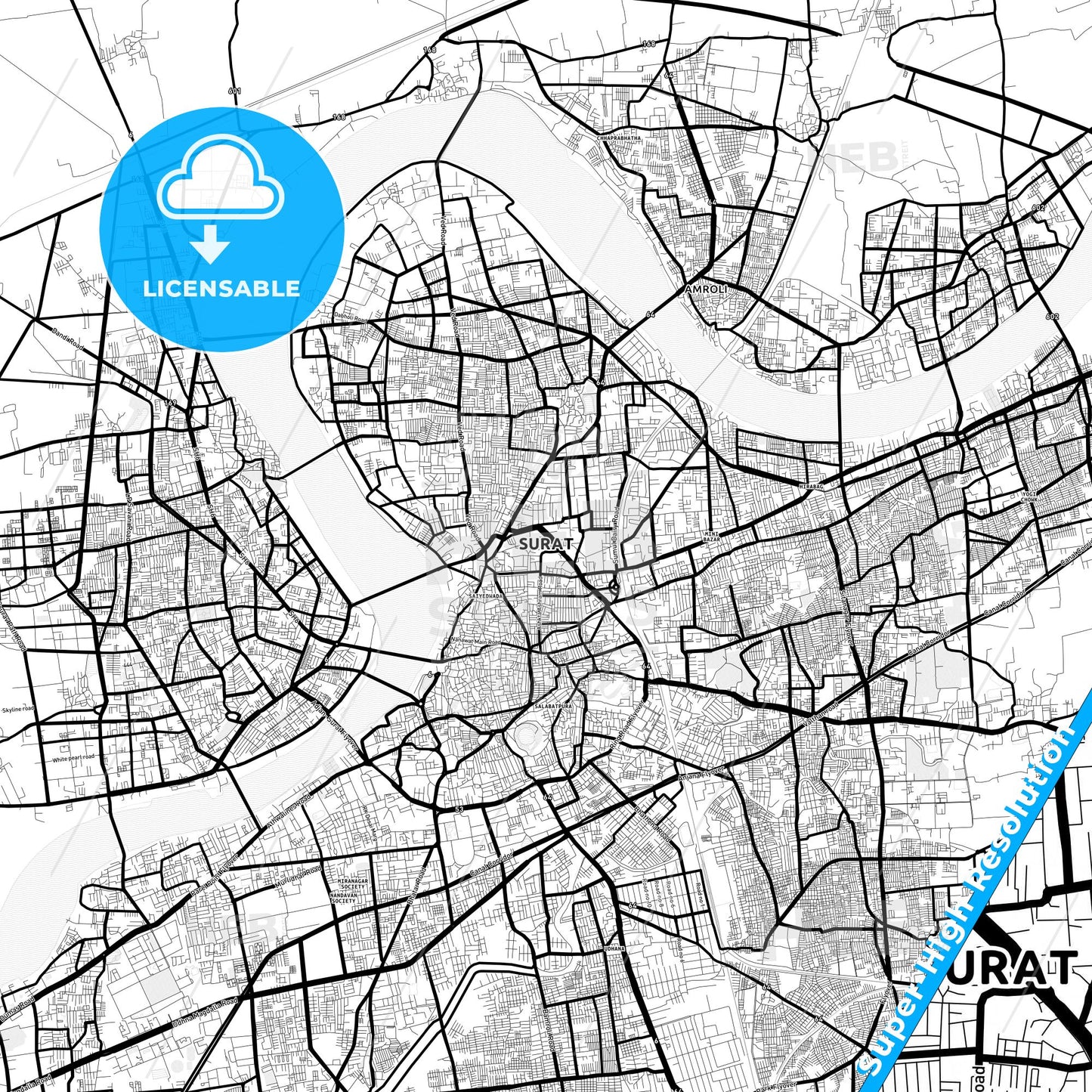 Surat, India Light Map with Street Names, City Names, and Districts