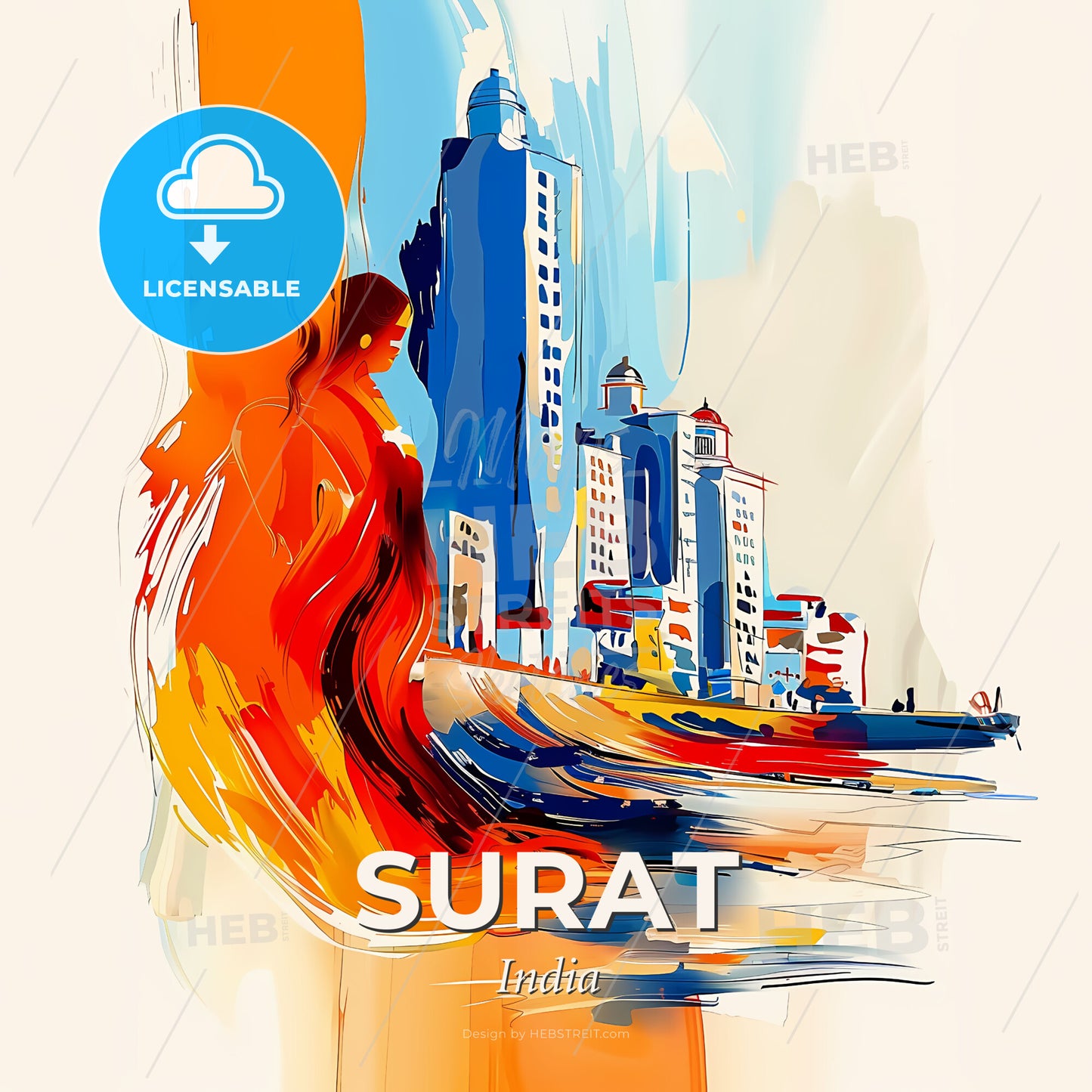 Vibrant Surat, India - A Painting Of A Woman Walking On A City Street - Square format print template