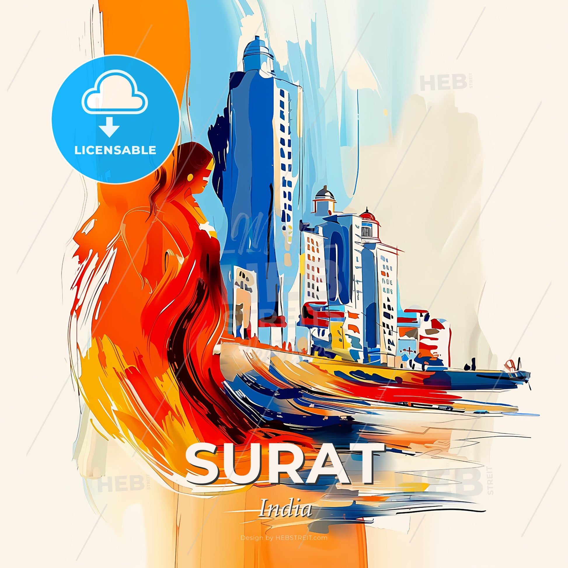 Vibrant Surat, India - A Painting Of A Woman Walking On A City Street - Square format print template