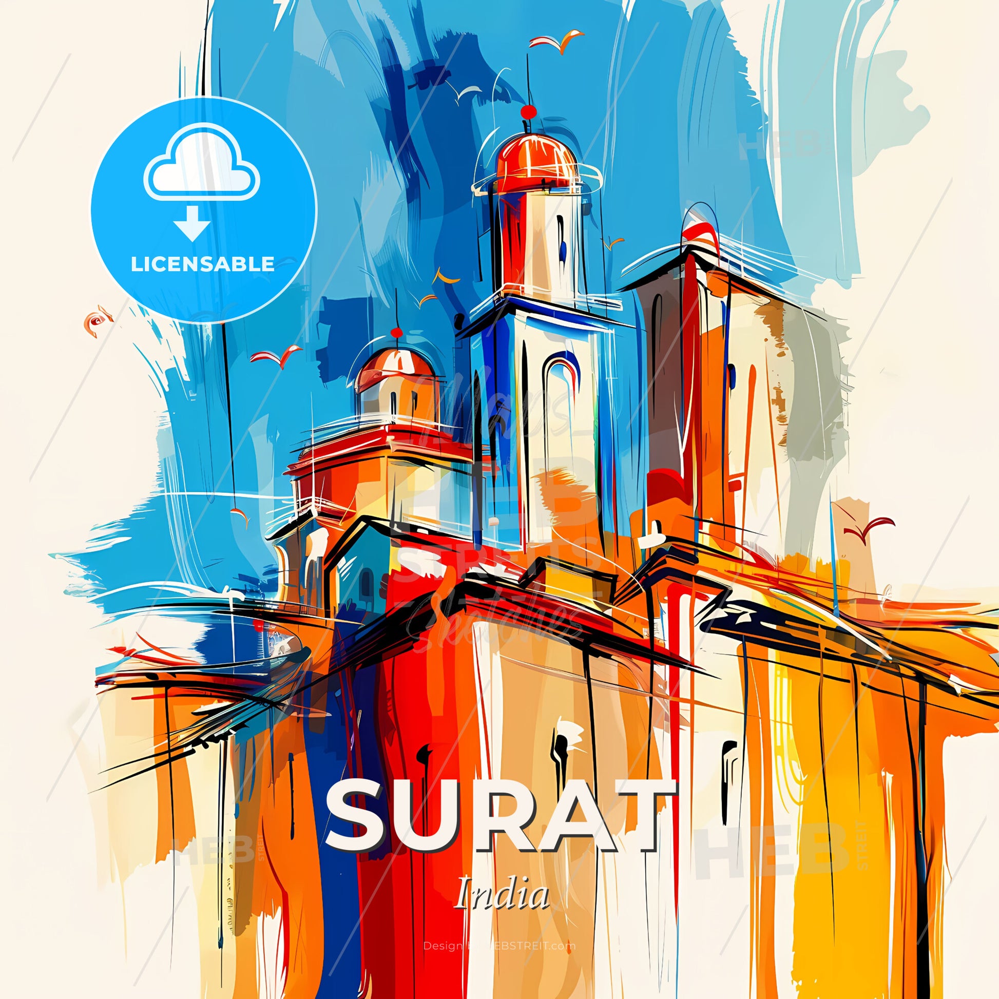 Vibrant Surat, India - A Painting Of A Building With Birds Flying Around It - Square format print template