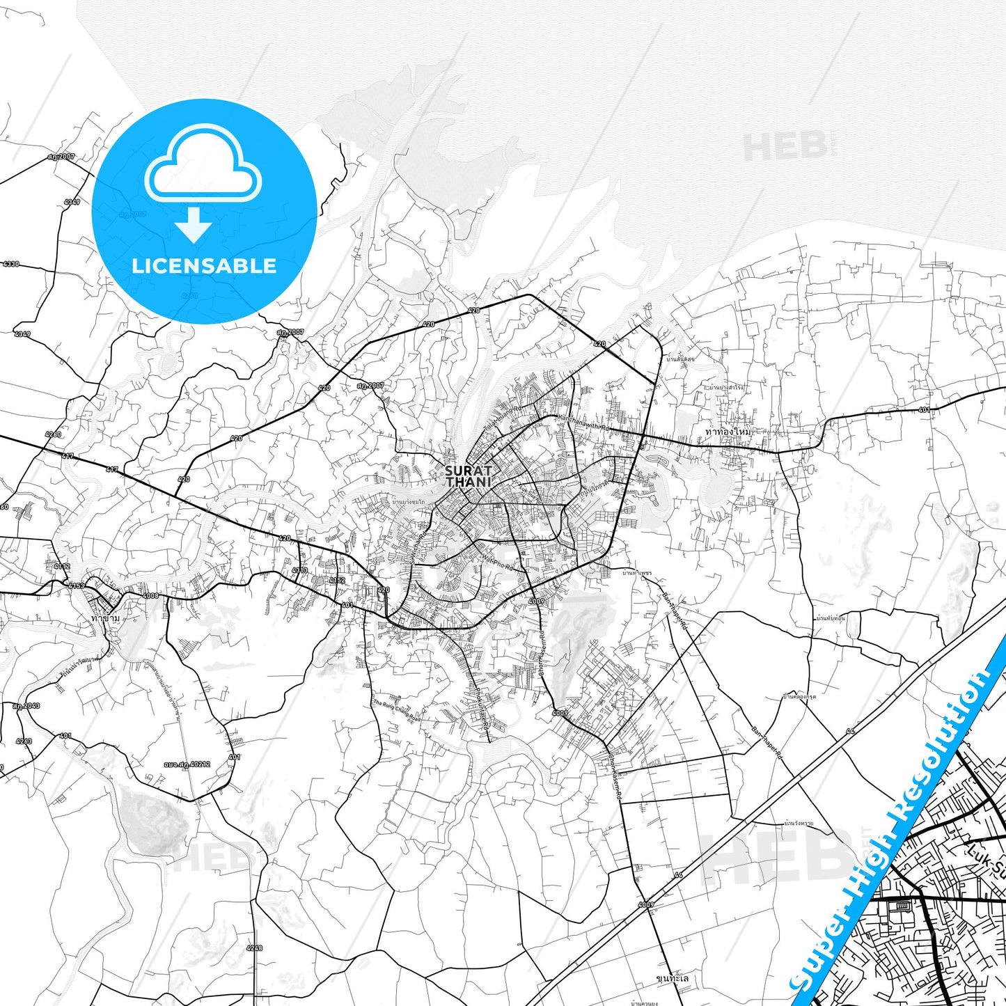 Surat Thani, Thailand light map with streetnames, citynames and districts
