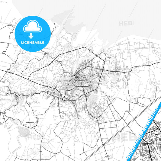 Surat Thani, Thailand light map with streetnames, citynames and districts