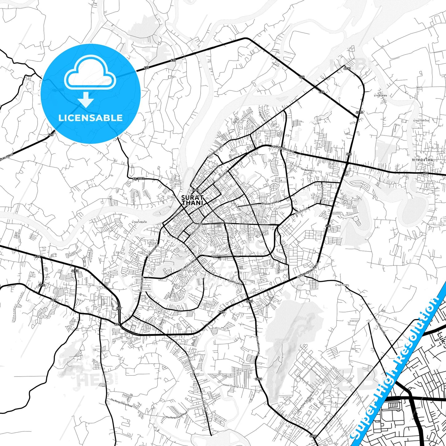 Surat Thani, Thailand Light Map with Street Names, City Names, and Districts