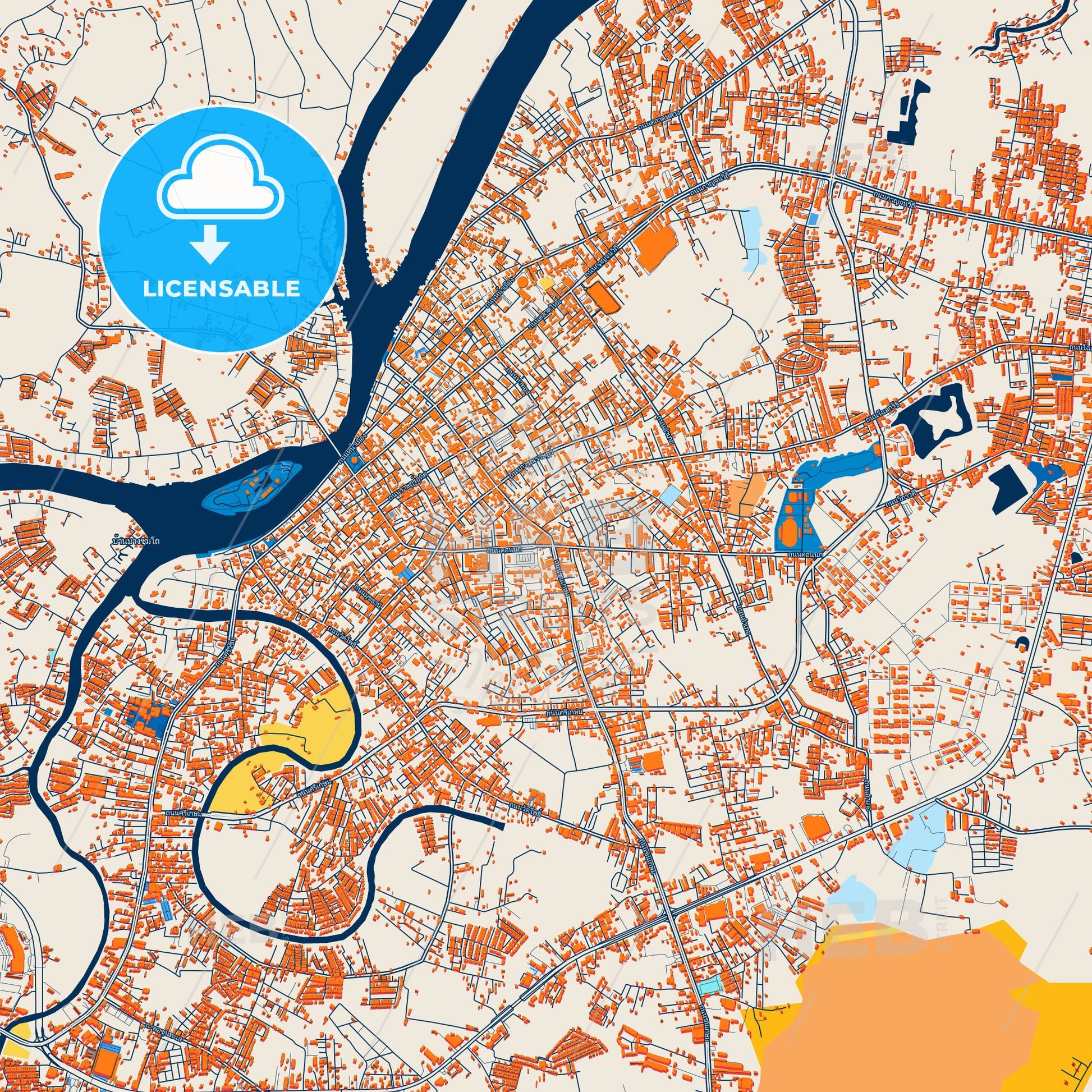 Colorful Surat Thani Street Map with Labels and Buildings