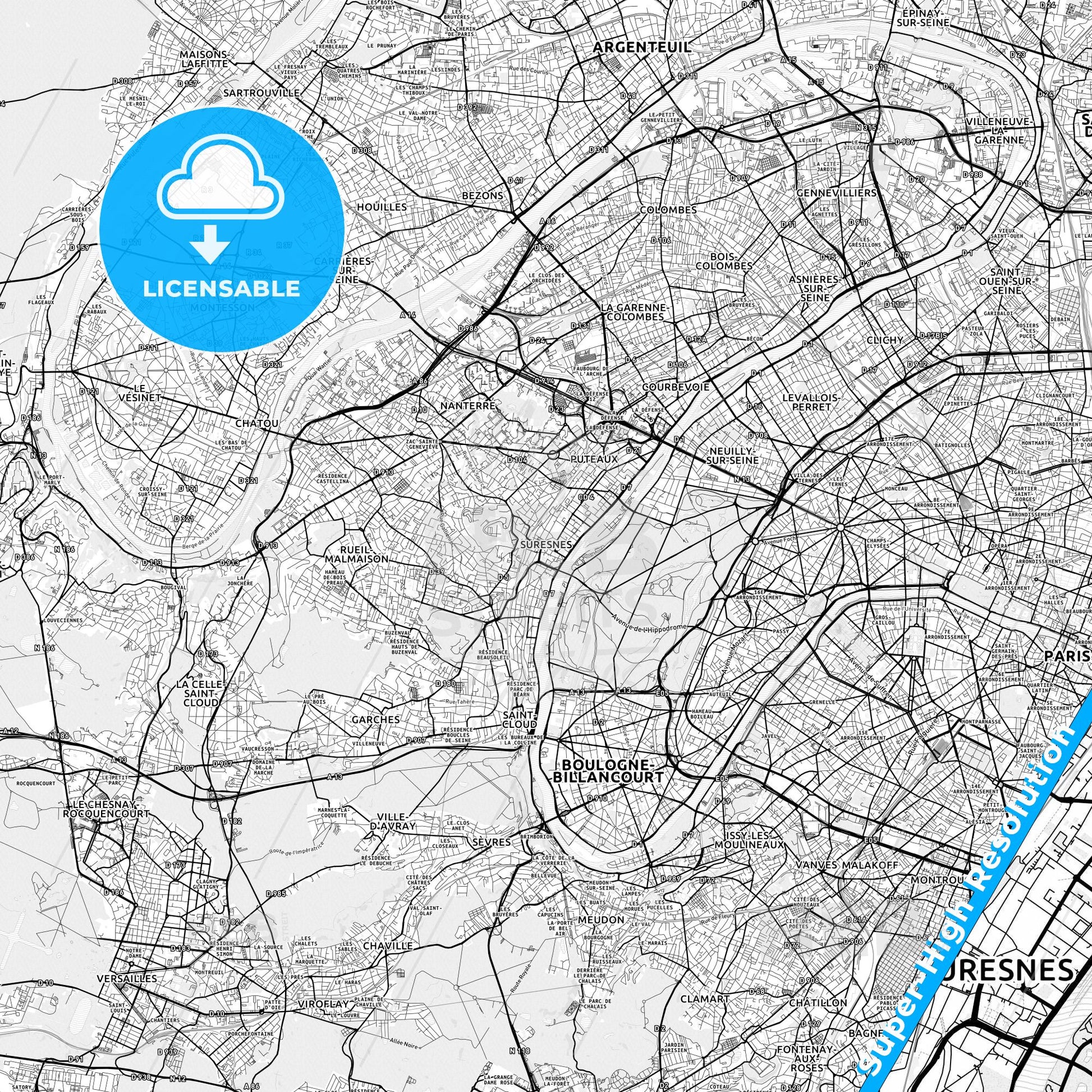 Suresnes, France light map with streetnames, citynames and districts
