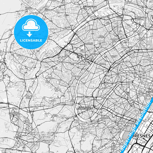 Suresnes, France light map with streetnames, citynames and districts