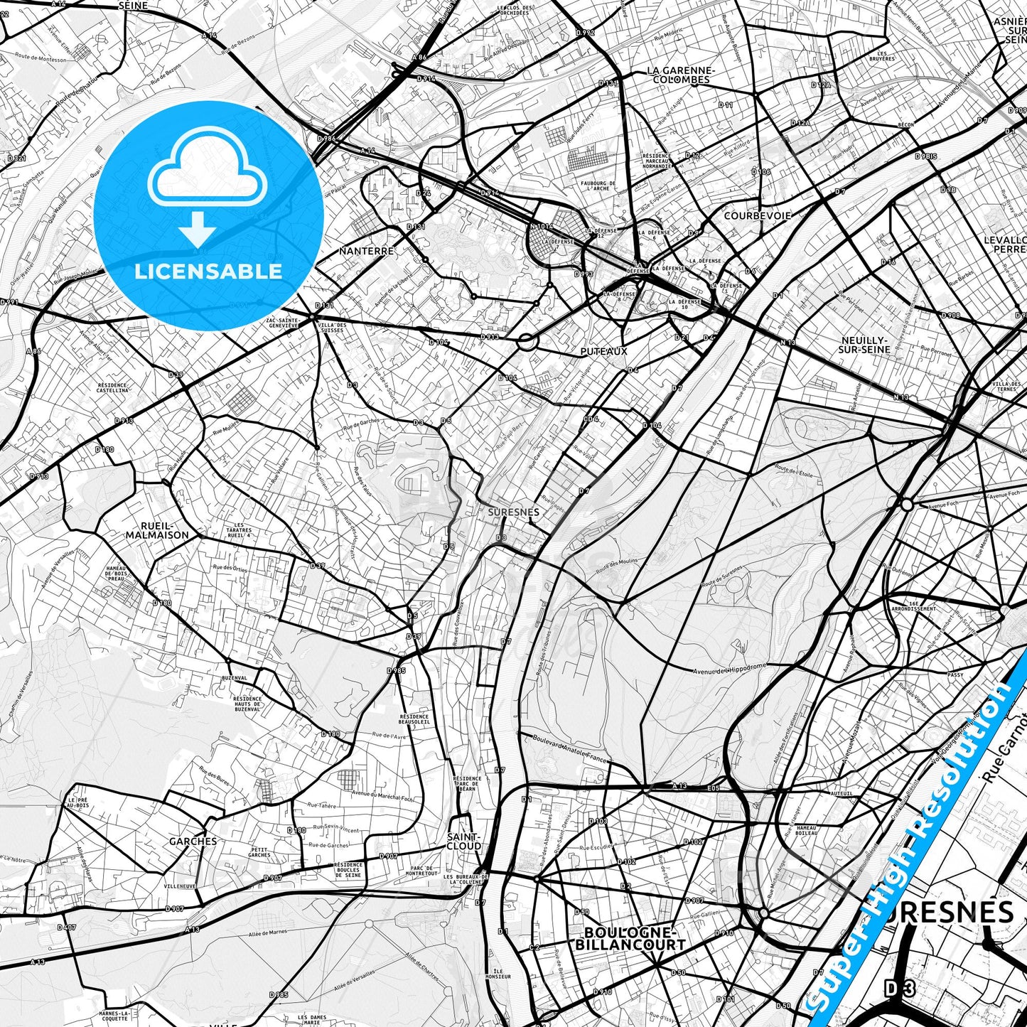 Suresnes, France Light Map with Street Names, City Names, and Districts