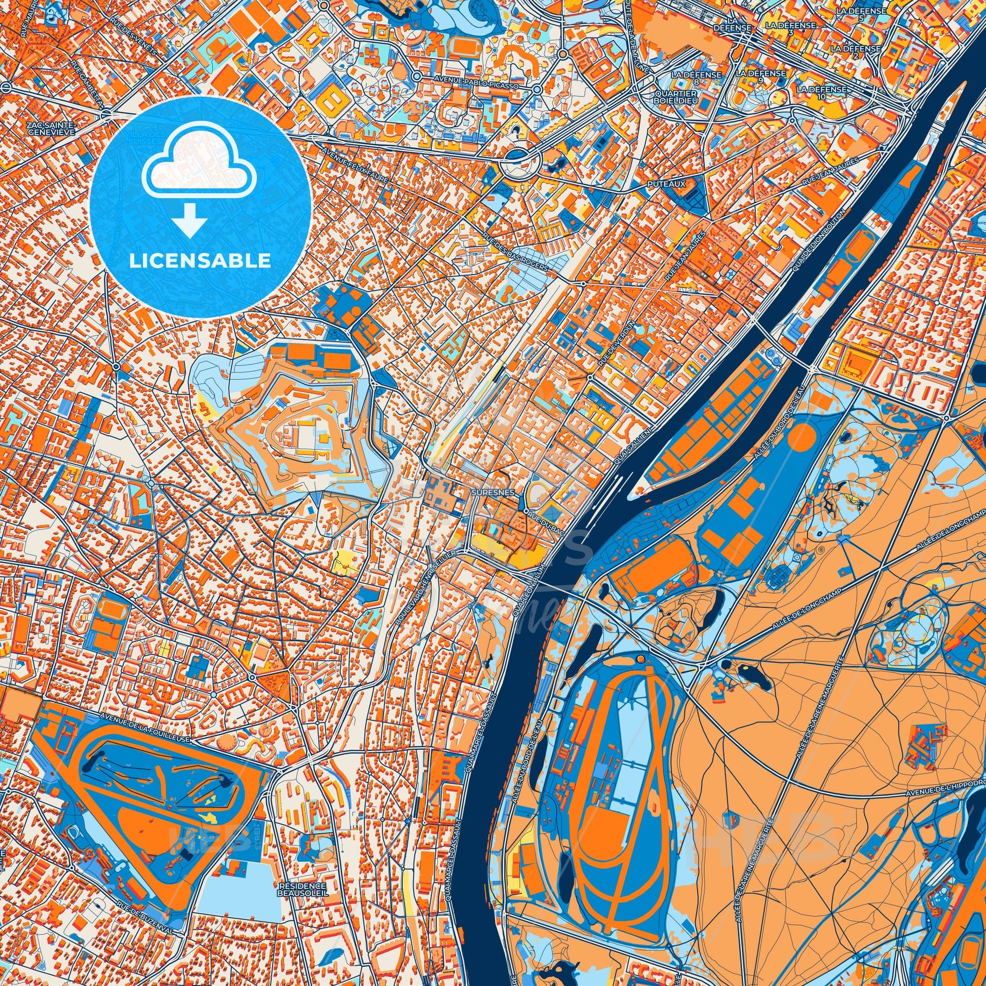 Colorful Suresnes Street Map with Labels and Buildings