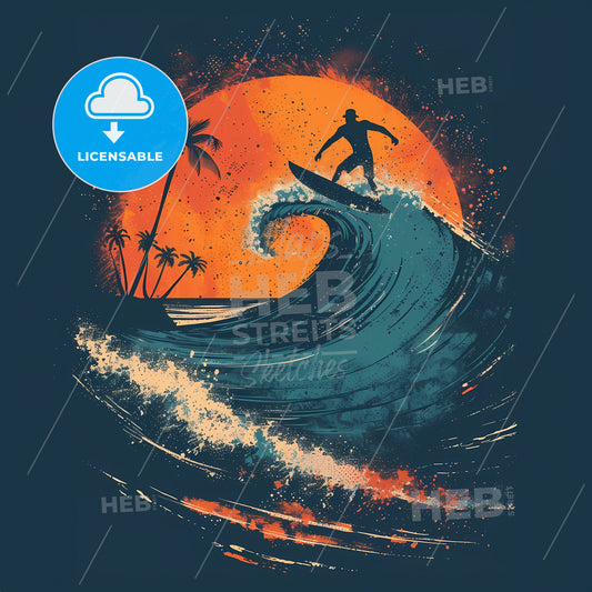 surfer print, waves, sun, surfer - A man surfing on a large wave