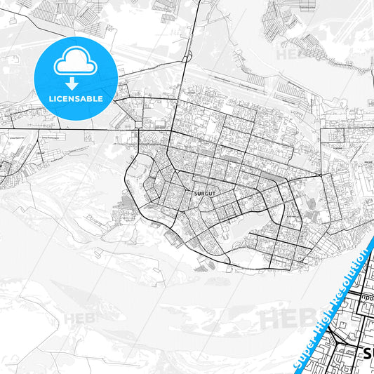 Surgut, Russia light map with streetnames, citynames and districts