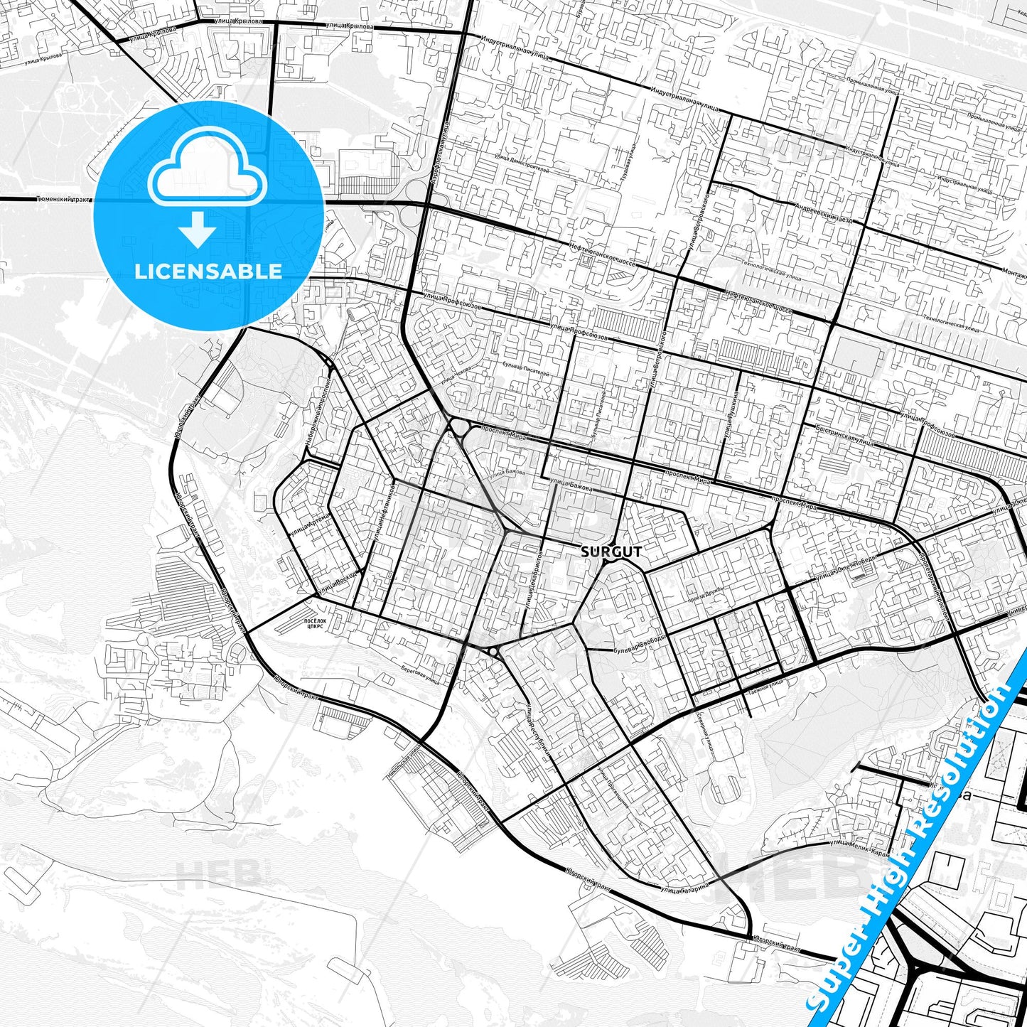 Surgut, Russia Light Map with Street Names, City Names, and Districts