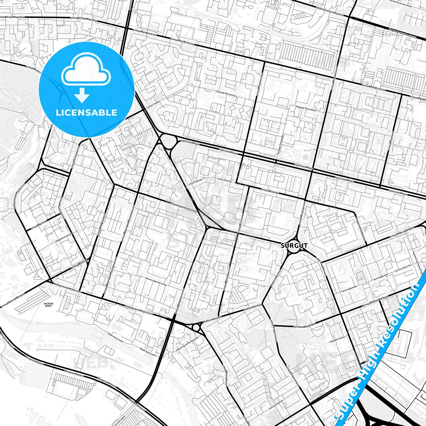 Surgut, Russia Light Map with Street Names, City Names, and Districts