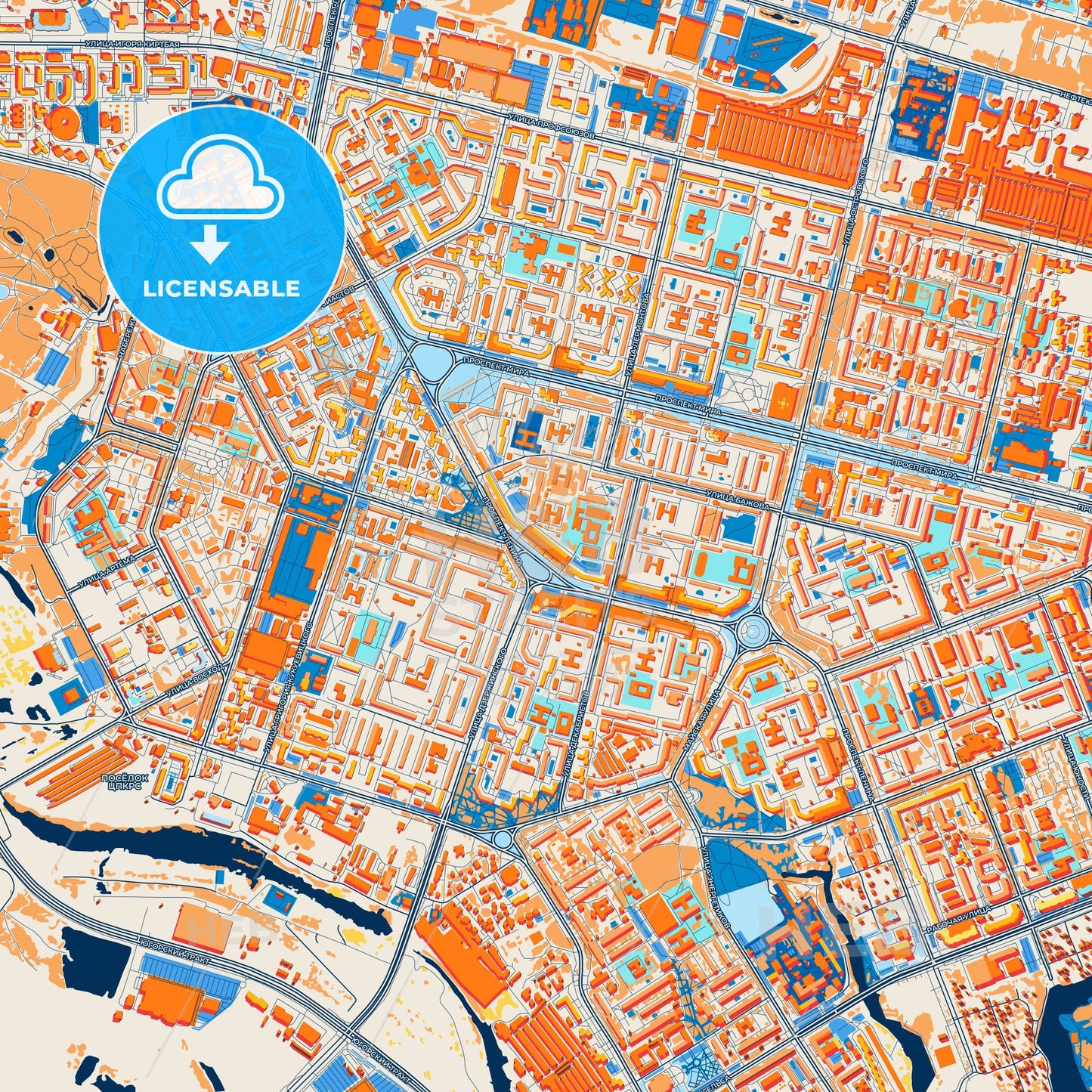 Colorful Surgut Street Map with Labels and Buildings