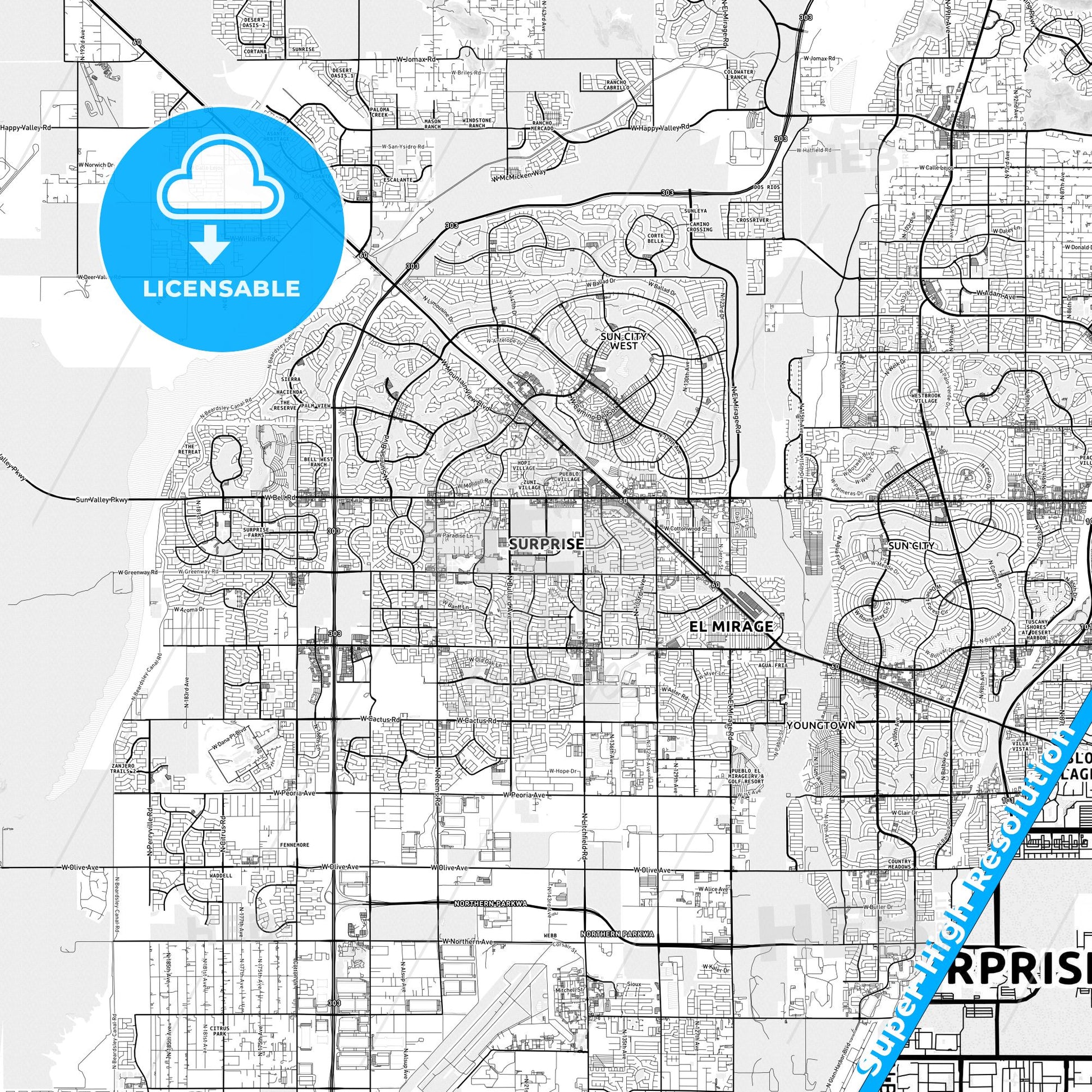 Surprise, Arizona light map with streetnames, citynames and districts