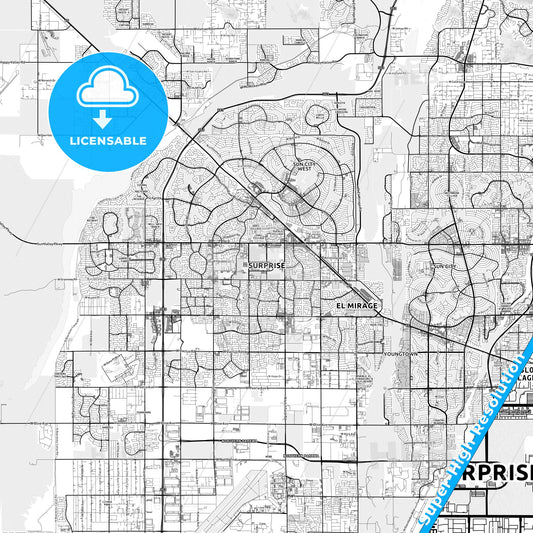 Surprise, Arizona light map with streetnames, citynames and districts