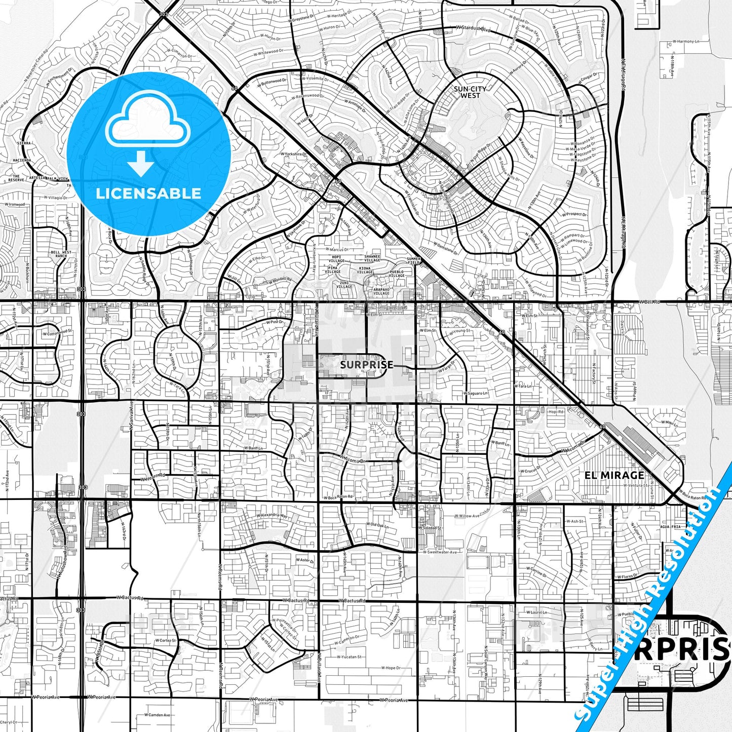 Surprise, Arizona Light Map with Street Names, City Names, and Districts