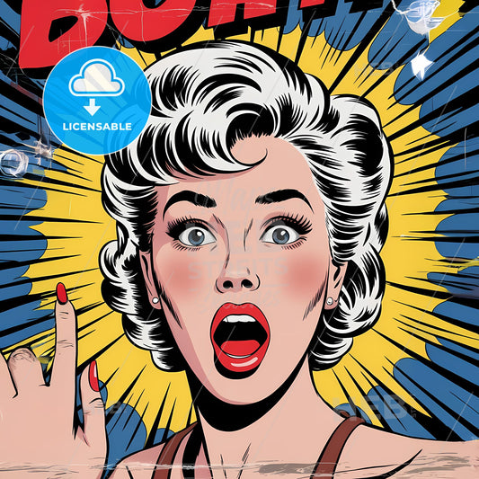 Surprise Explosion: Vintage Pop Art Portrait of a Shocked Beauty