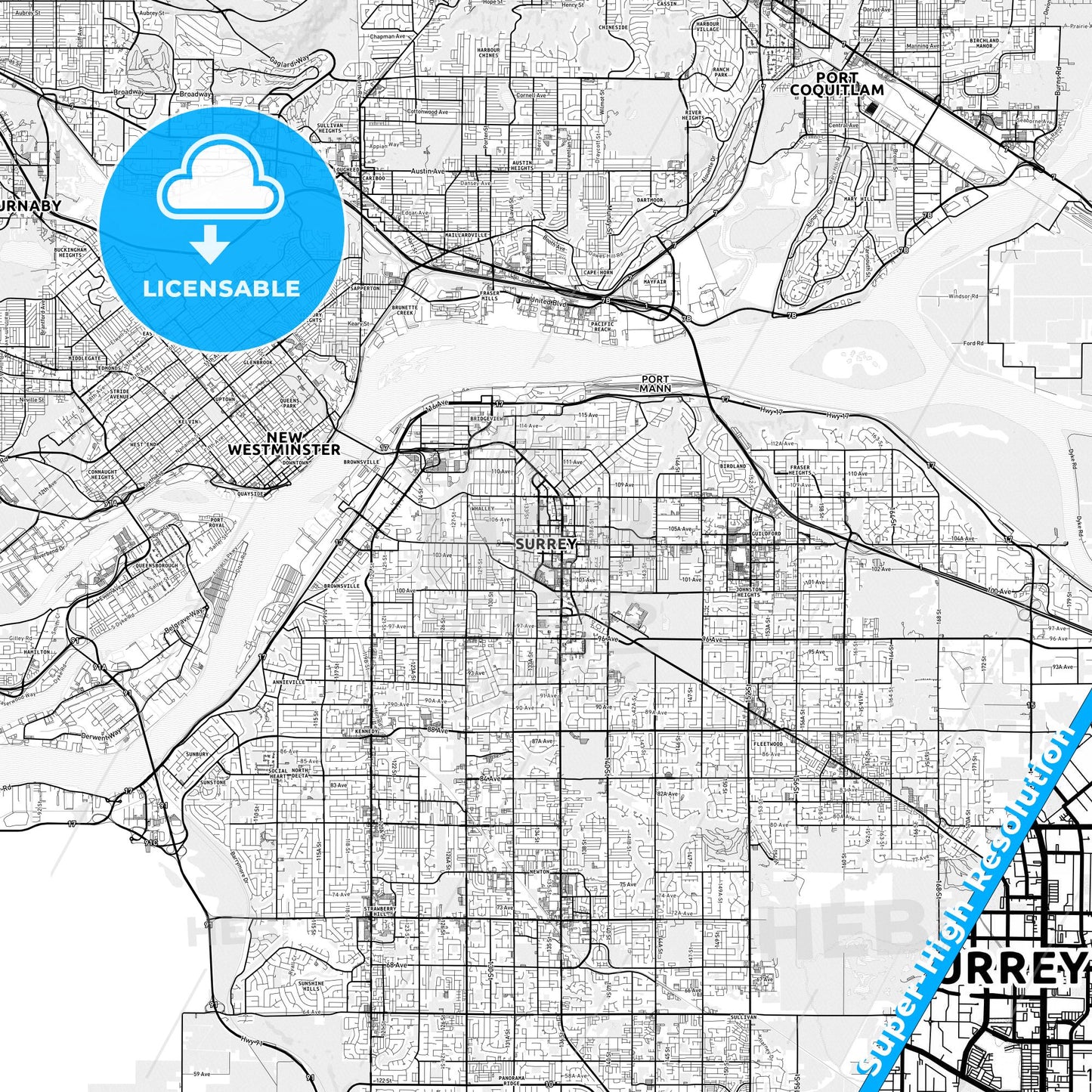 Surrey, Canada light map with streetnames, citynames and districts