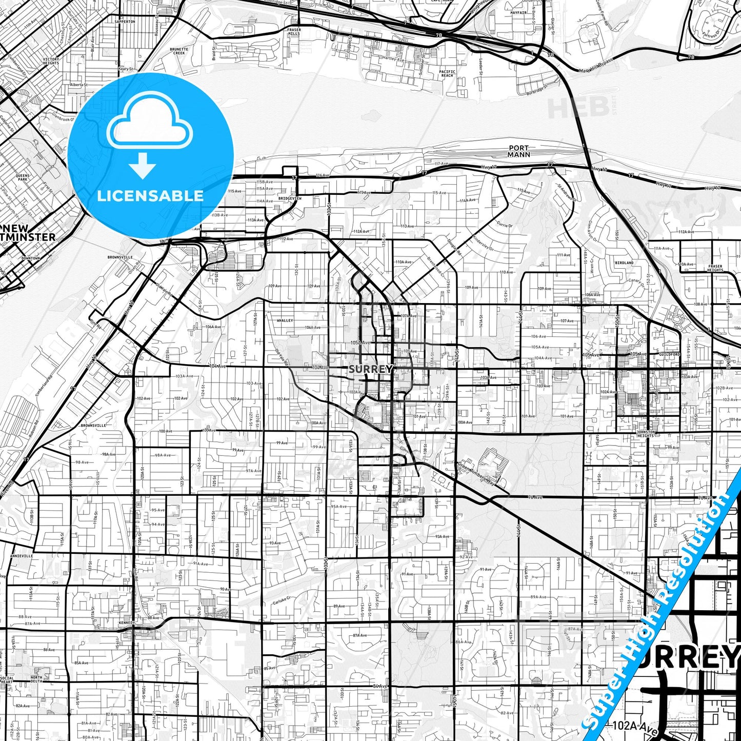 Surrey, Canada Light Map with Street Names, City Names, and Districts