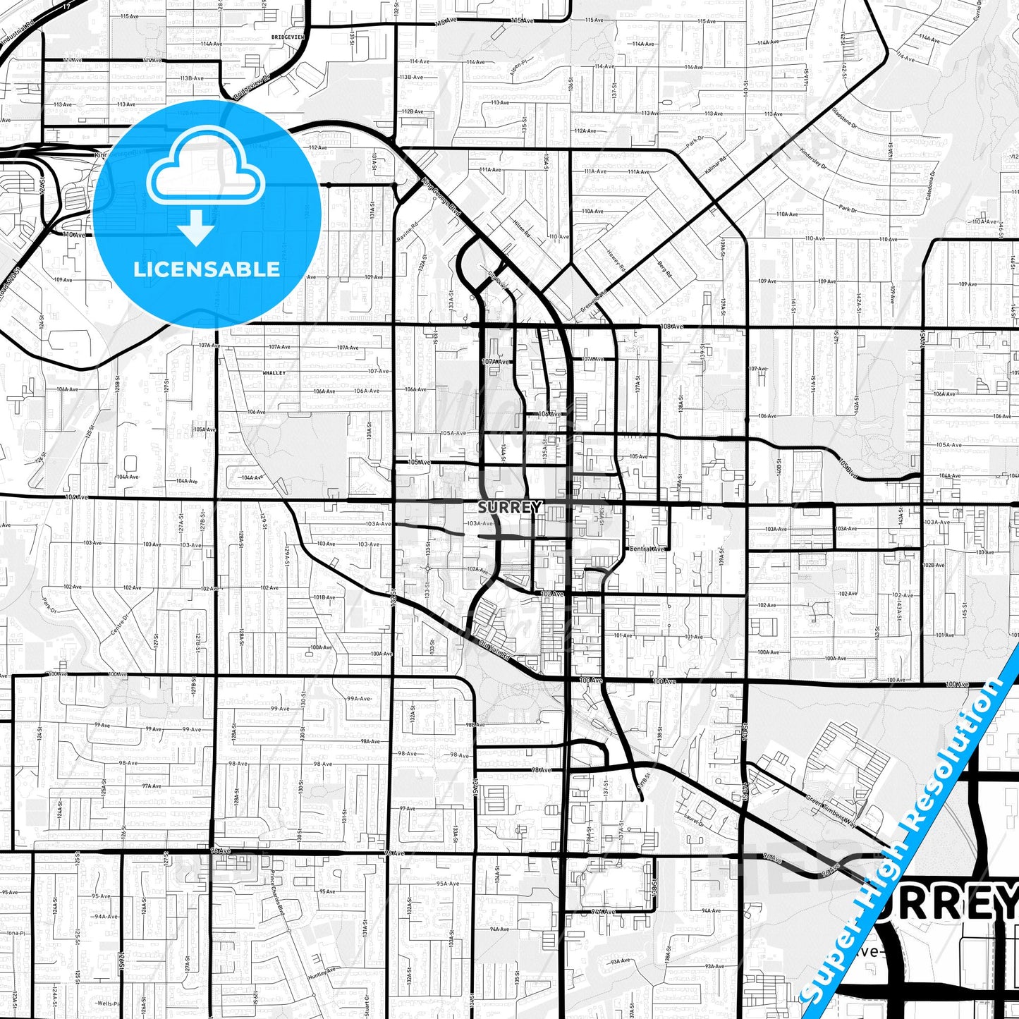 Surrey, Canada Light Map with Street Names, City Names, and Districts
