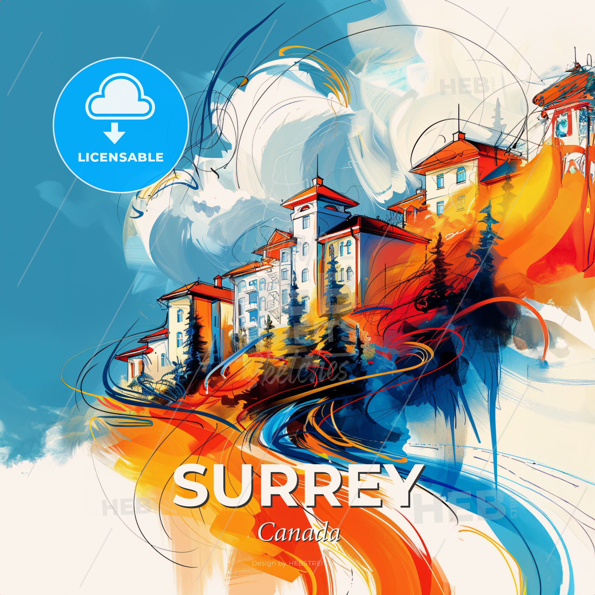 Vibrant Surrey, Canada - A Painting Of A Building On A Hill - Square format print template