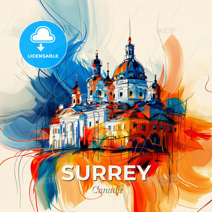Vibrant Surrey, Canada - A Painting Of A Building With A Colorful Background - Square format print template