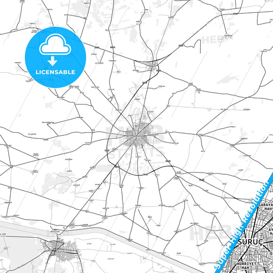 Suruç, Turkey light map with streetnames, citynames and districts