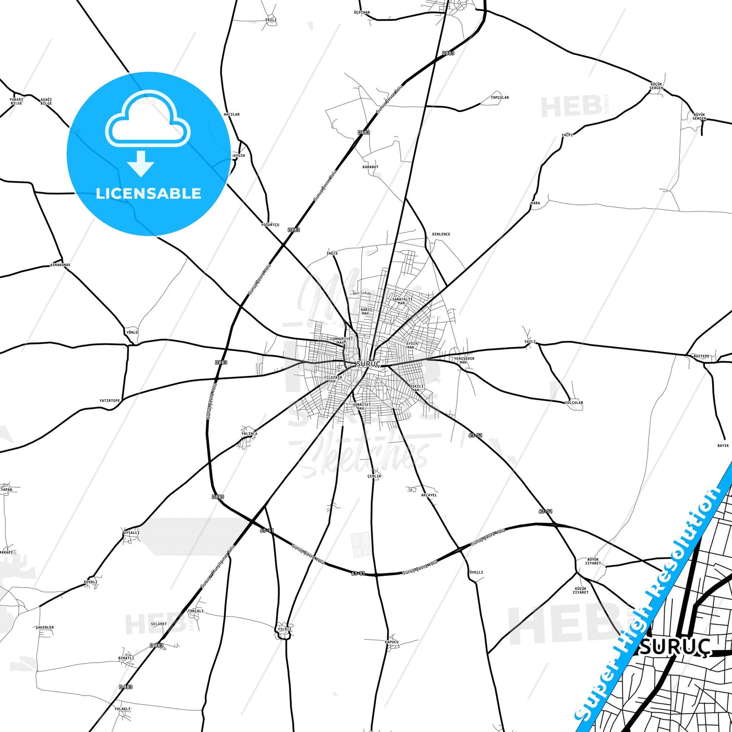 Suruç, Turkey Light Map with Street Names, City Names, and Districts