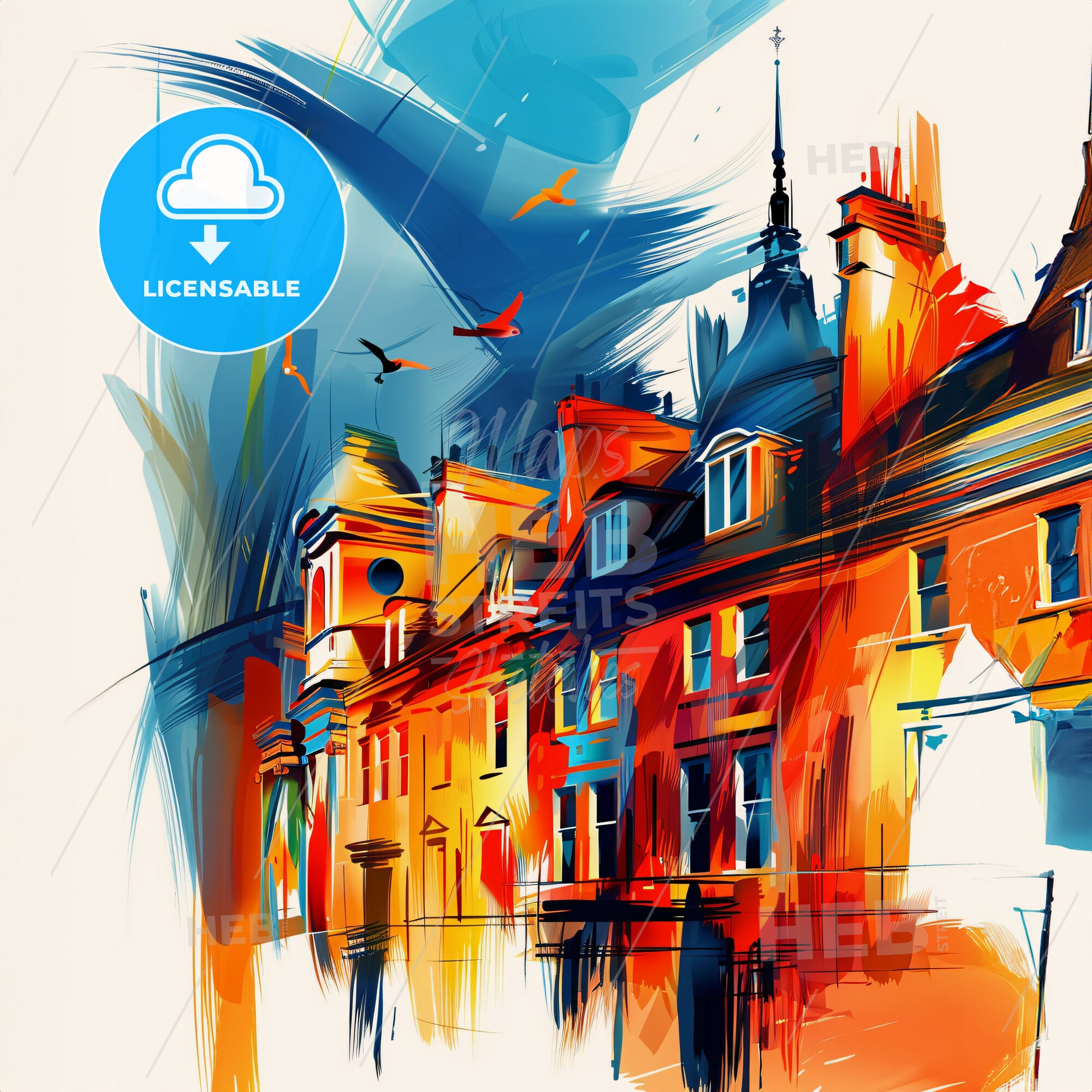 Vibrant Sutton Coldfield, England - A Painting Of A Skyline With A Colorful Building