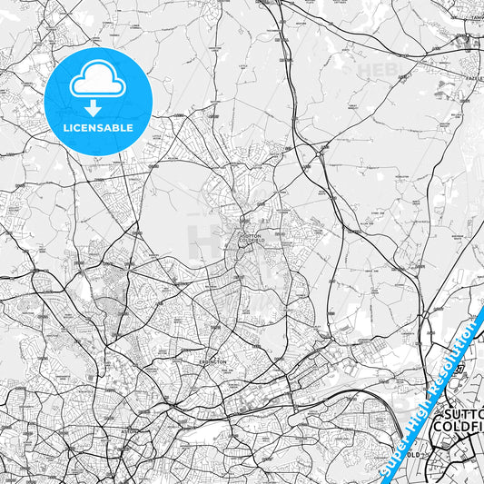 Sutton Coldfield, England light map with streetnames, citynames and districts