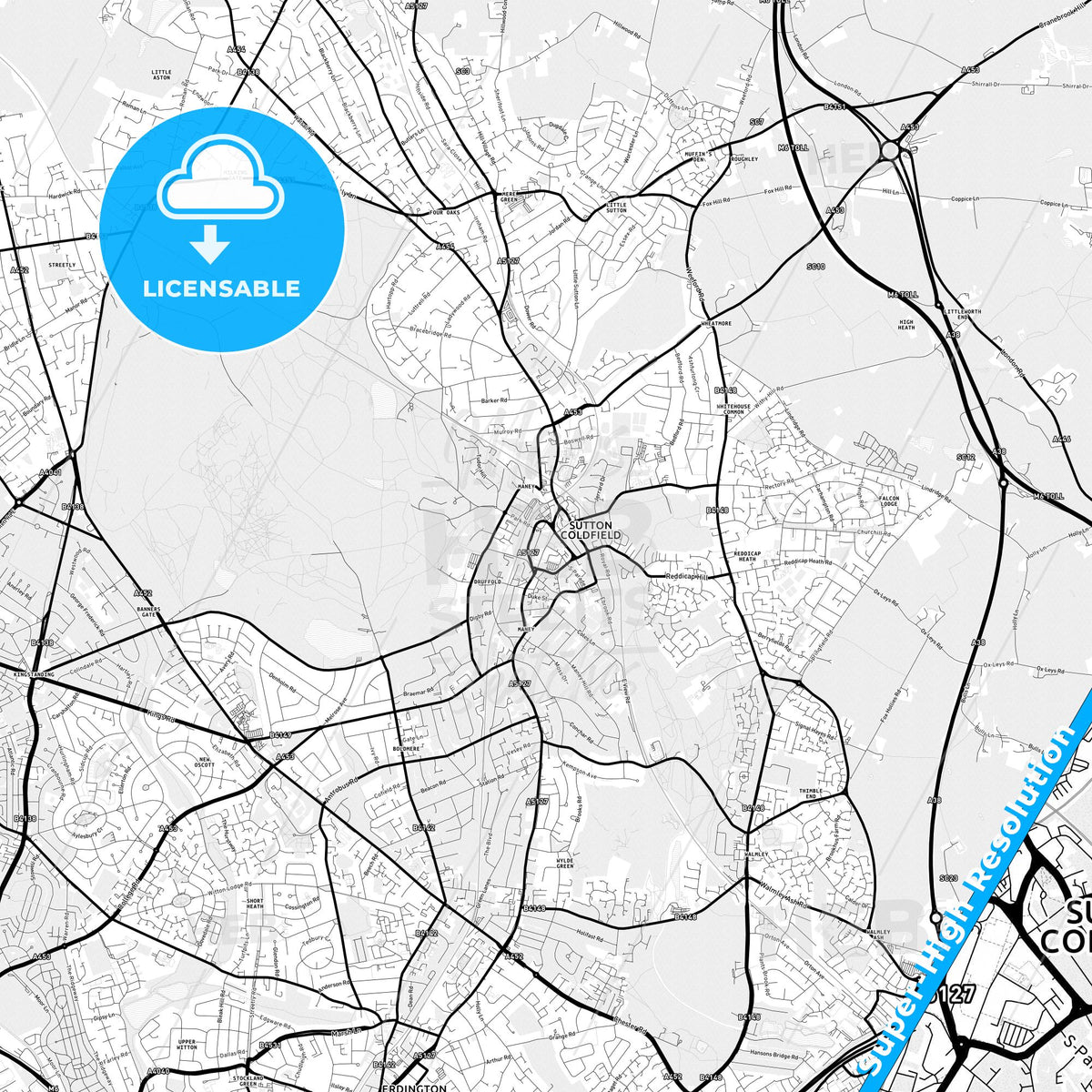 Sutton Coldfield, England Light Map with Street Names, City Names, and Districts