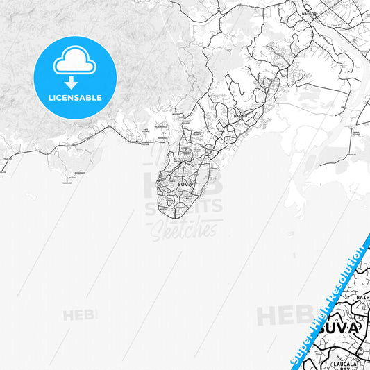 Suva, Fiji light map with streetnames, citynames and districts