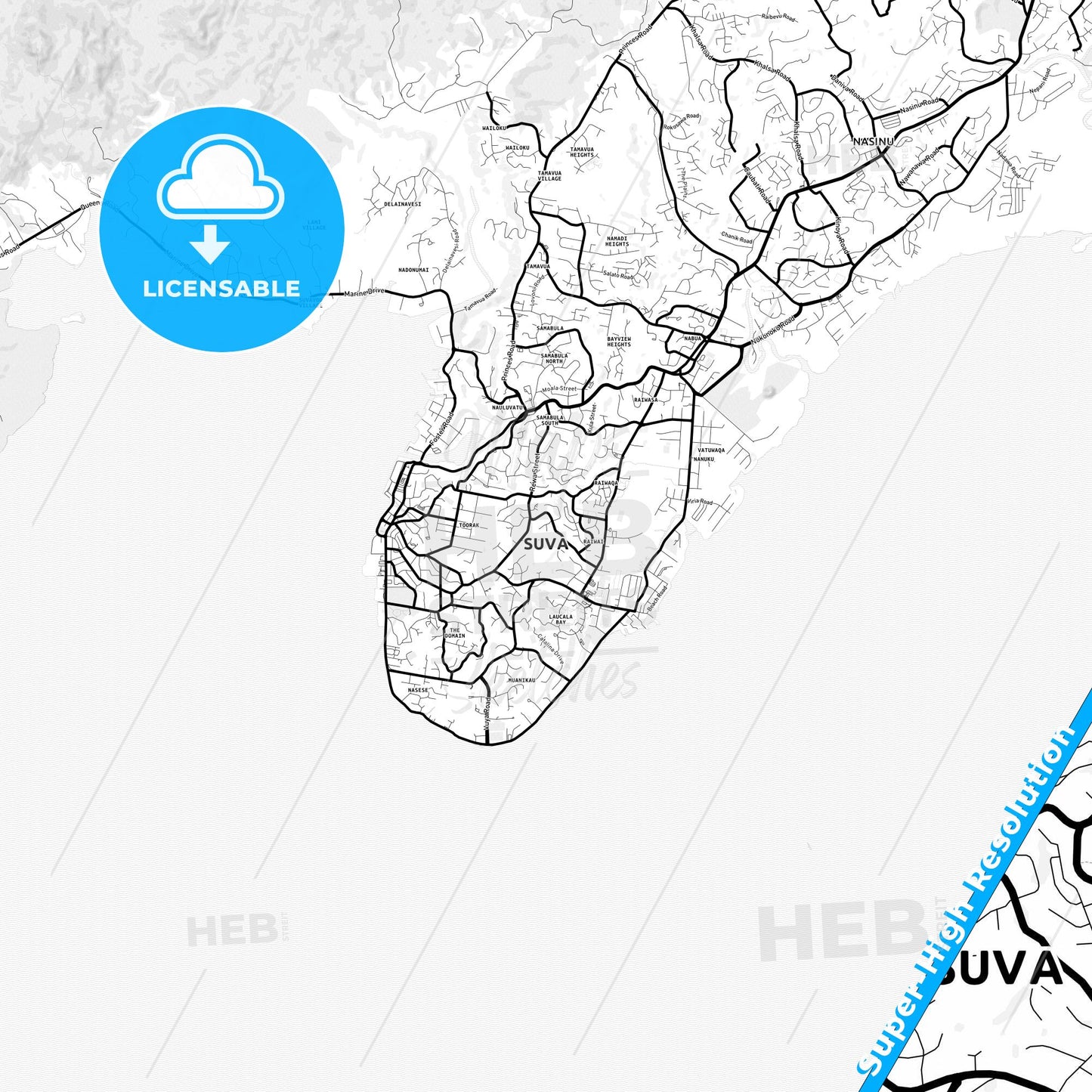 Suva, Fiji Light Map with Street Names, City Names, and Districts