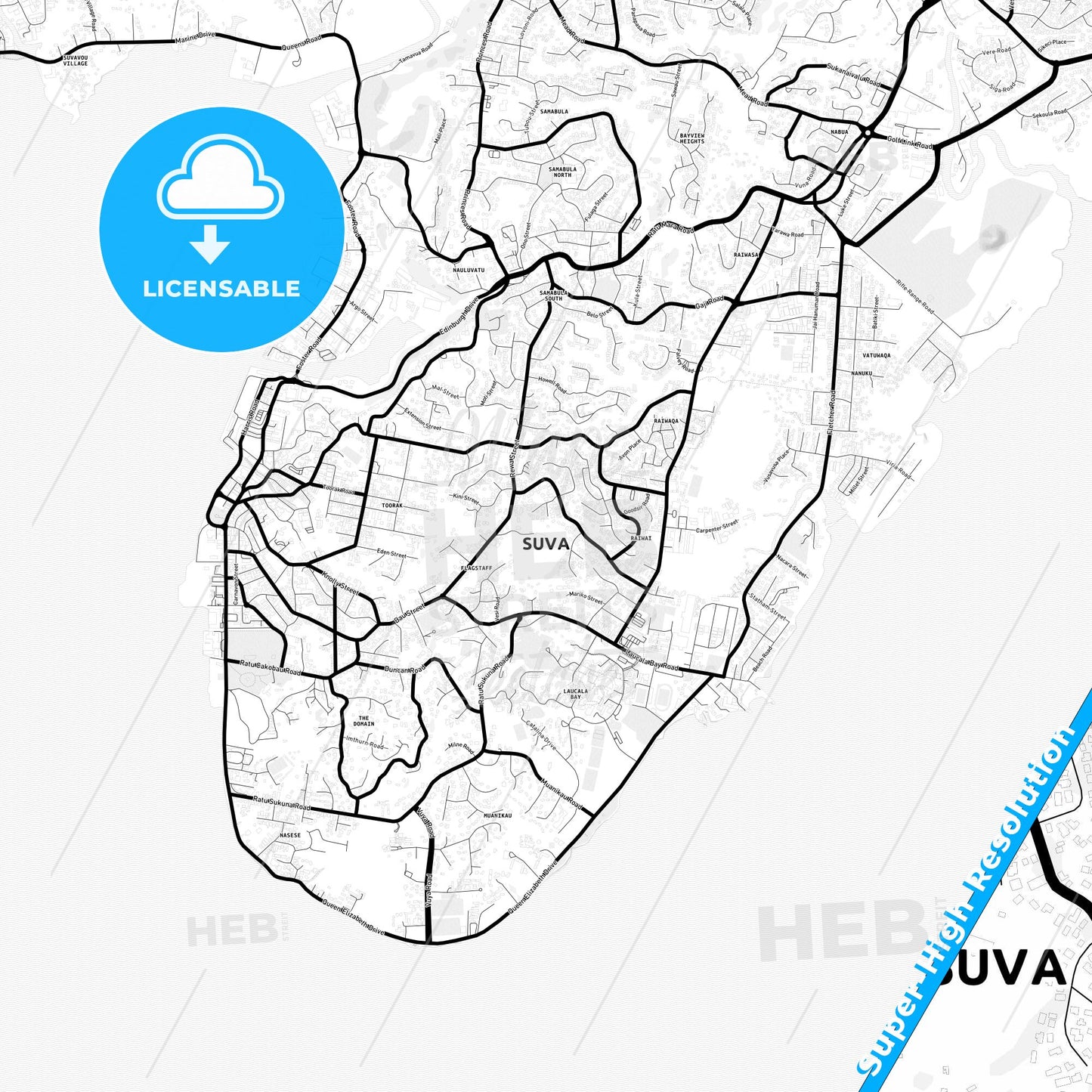 Suva, Fiji Light Map with Street Names, City Names, and Districts