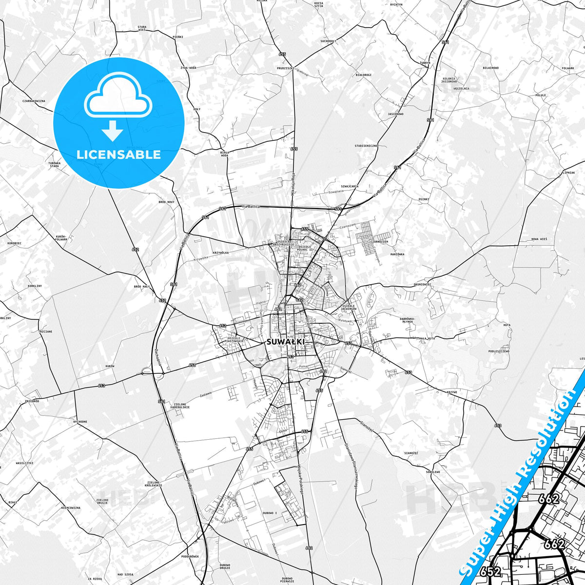 Suwałki, Poland light map with streetnames, citynames and districts