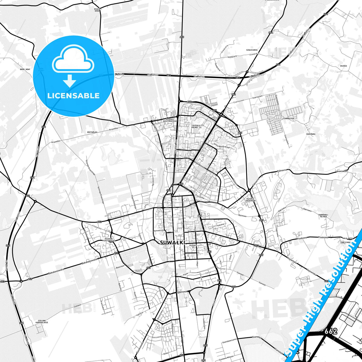 Suwałki, Poland Light Map with Street Names, City Names, and Districts