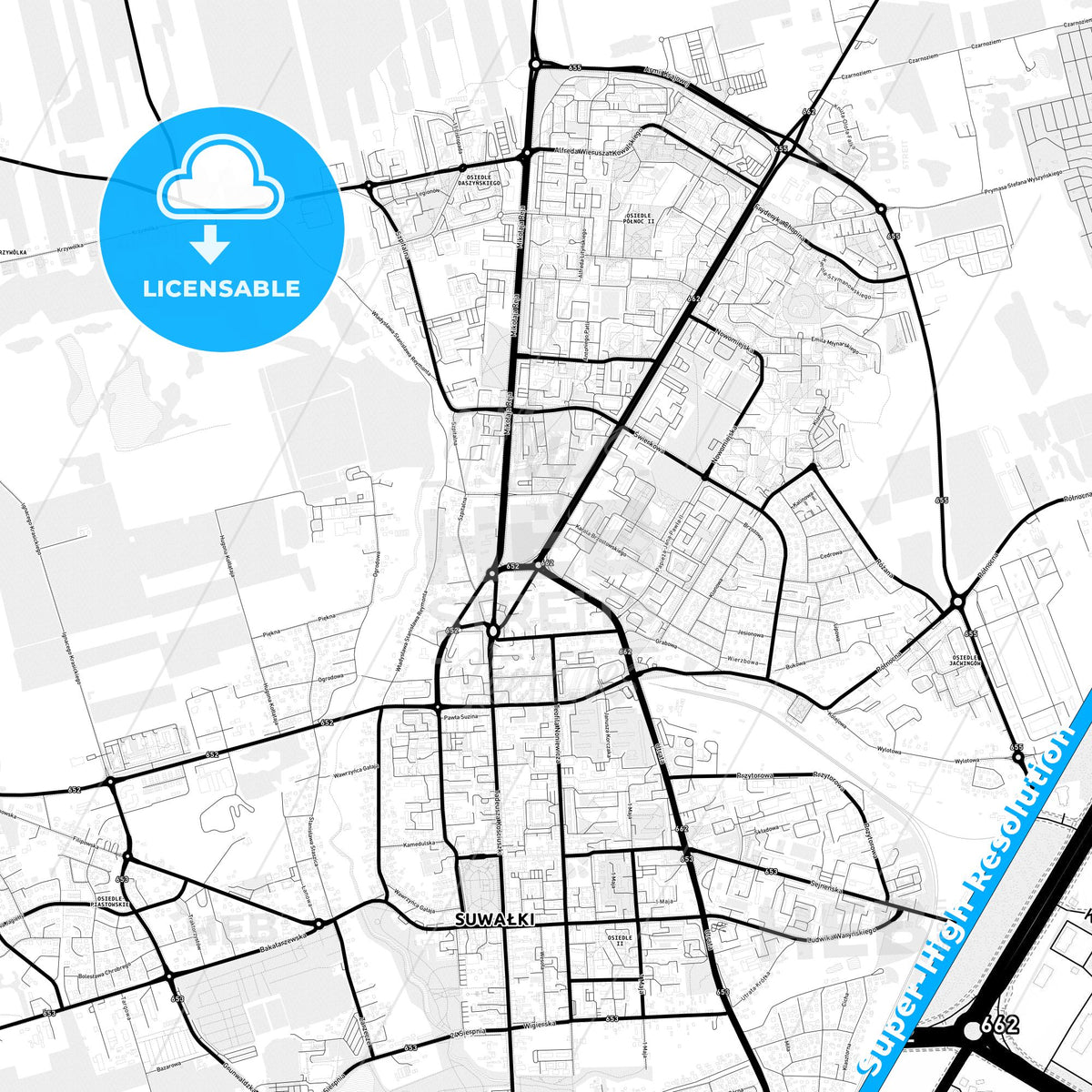Suwałki, Poland Light Map with Street Names, City Names, and Districts