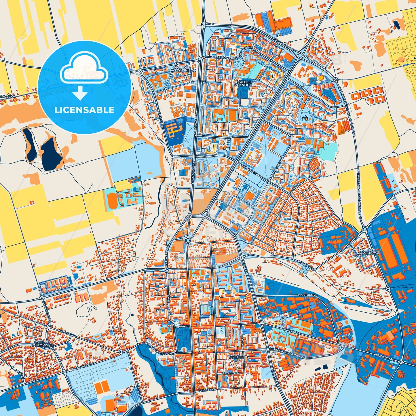Colorful Suwałki Street Map with Labels and Buildings