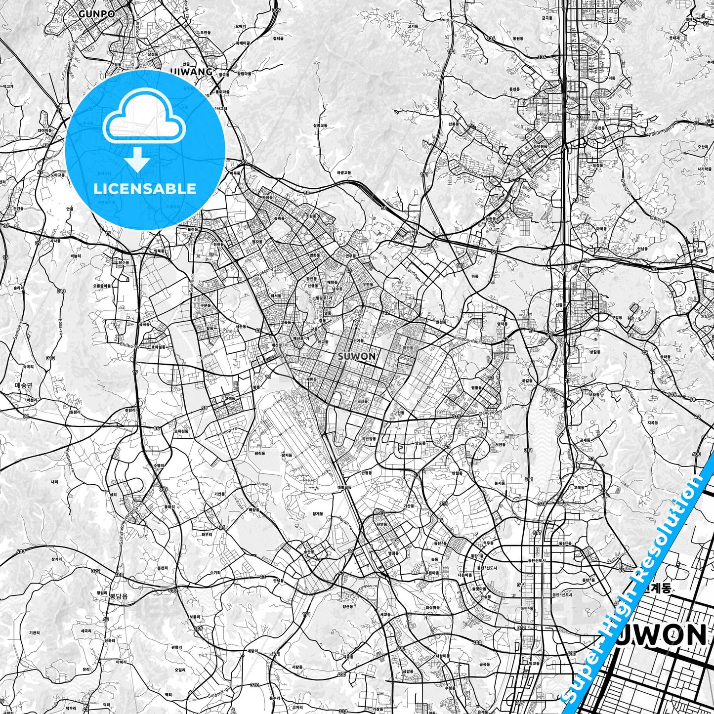 Suwon, South Korea light map with streetnames, citynames and districts
