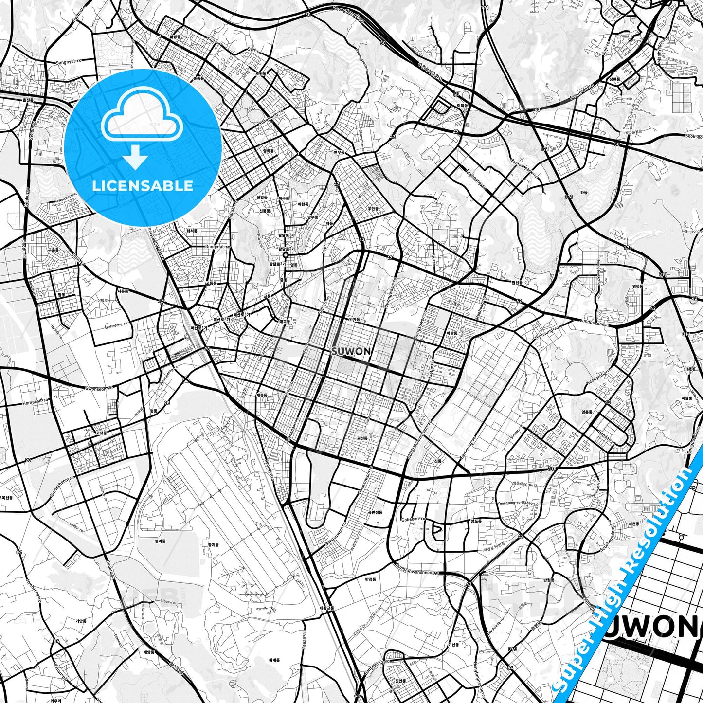 Suwon, South Korea Light Map with Street Names, City Names, and Districts