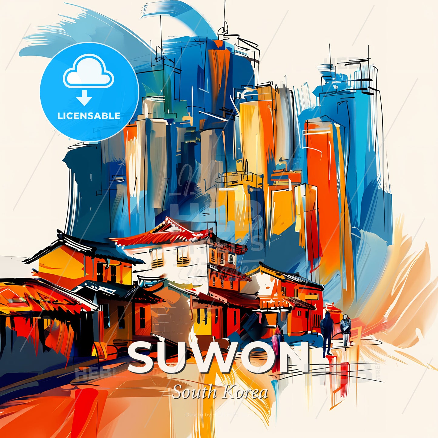 Vibrant Suwon, South Korea - A Painting Of A City - Square format print template
